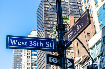 Low angle view of road sign in city