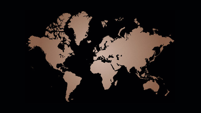 Copper world map vector illustration, copper foil texture on black background.