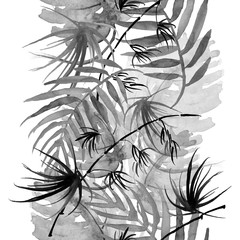  Watercolor tropical palm leaves seamless pattern. black white leaves, branches, bamboo stem, palm leaves, fern silhouette, floral pattern. textile design