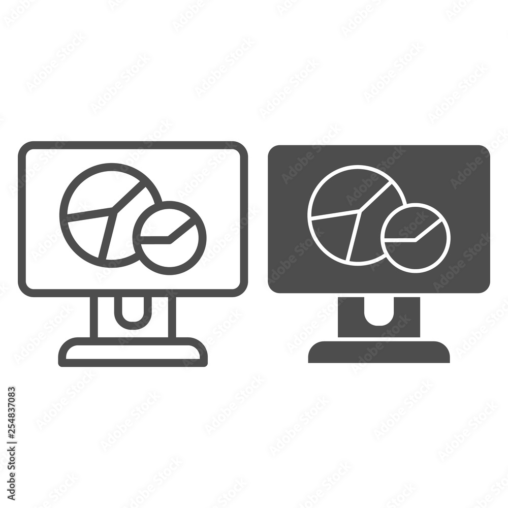 Poster chart on computer screen line and glyph icon. circle graph on monitor vector illustration isolated o