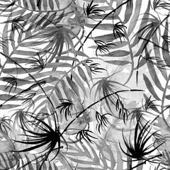 Feuilles de palmier tropical aquarelle motif sans couture. feuilles blanches noires, branches, tige de bambou, feuilles de palmier, silhouette de fougère, motif floral. conception textile
