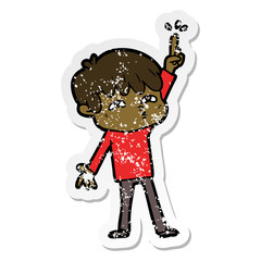 distressed sticker of a cartoon boy asking question