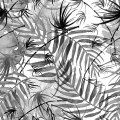 Wall murals Watercolor leaves  Watercolor tropical palm leaves seamless pattern. black white leaves, branches, bamboo stem, palm leaves, fern silhouette, floral pattern. textile design