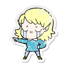 distressed sticker of a cartoon crying elf girl