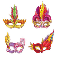 Womens face masks decorated with precious stones and colorful feathers cartoon vector set isolated on white background. Carnival, masquerade or costumed party clothing element illustrations collection