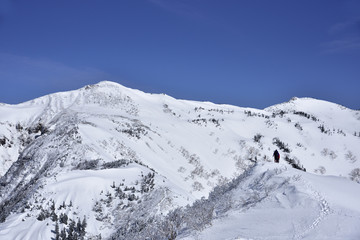 Fototapeta na wymiar 上州武尊山の山頂に向かって雪の尾根を歩く登山者。