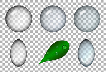 Realistic water drops set on transparent isolated background, with sample image. The droplets collection on green leaf.