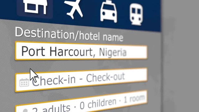 Searching hotel in Port Harcourt, Nigeria on an online booking site. Travel related 3D animation