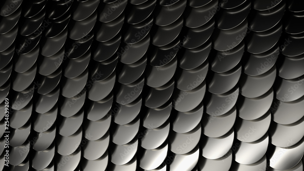 Poster 3d render metal background. complex bended surface covered with a lot of reflective circles shapes..
