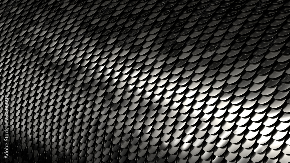 Poster 3d render metal background. complex bended surface covered with a lot of reflective circles shapes..
