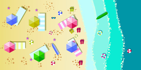 Summer sunny beach with umbrellas. Sea waves Top view. Travel, vacation, holidays concept. 