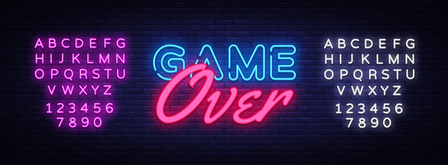 Game Over Neon Text Vector. Game Over neon sign, Gaming design template, modern trend design, night neon signboard, night bright advertising, light banner, light art. Vector. Editing text neon sign