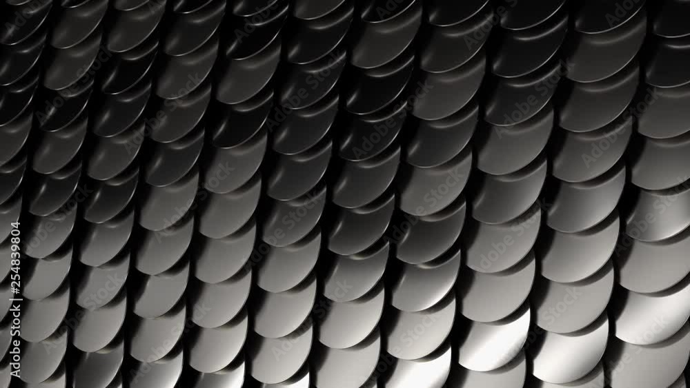 Poster 3d render metal background. complex bended surface covered with a lot of reflective circles shapes.