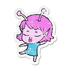 distressed sticker of a cute alien girl cartoon