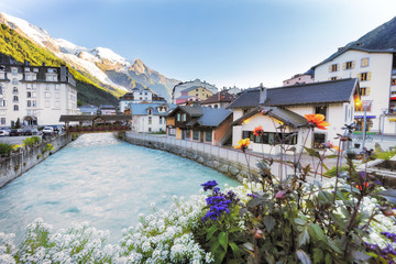 The village of Chamonix, France. View over the river Arve