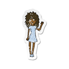 retro distressed sticker of a cartoon happy woman waving