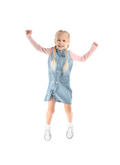 Jumping cute girl on white background