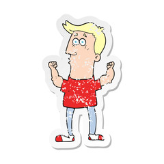 retro distressed sticker of a cartoon surprised man flexing biceps