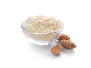 Bowl with almond flour on white background