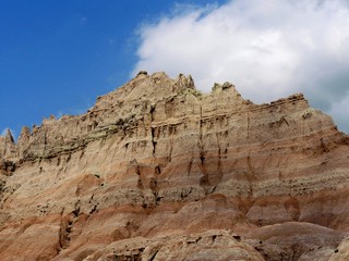 Fototapeta na wymiar Close up upward shot of rock formations at the Badlands National Park in South Dakota, USA.