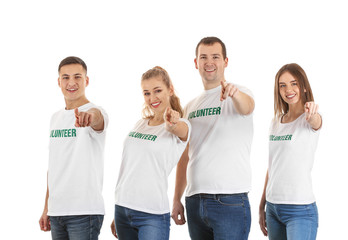 Obraz premium Team of young volunteers on white background