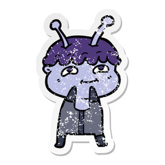 distressed sticker of a friendly cartoon spaceman