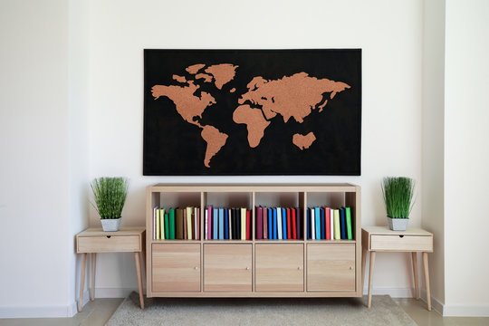Interior of beautiful room with picture of world map