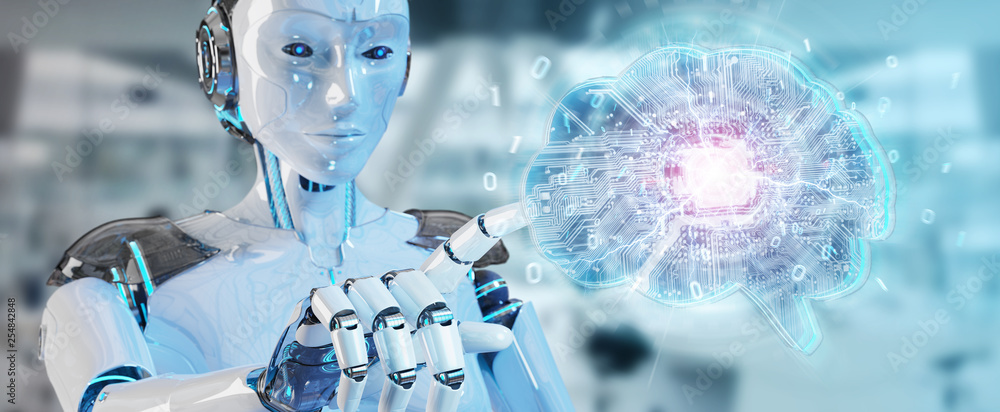 Fototapete Robot creating artificial intelligence in a digital brain 3D rendering