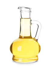 Jug with oil on white background