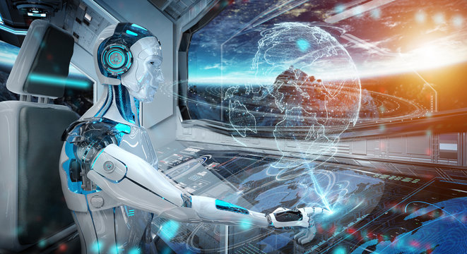 Robot in a control room flying a white modern spaceship with window view on space and digital Earth hologram 3D rendering