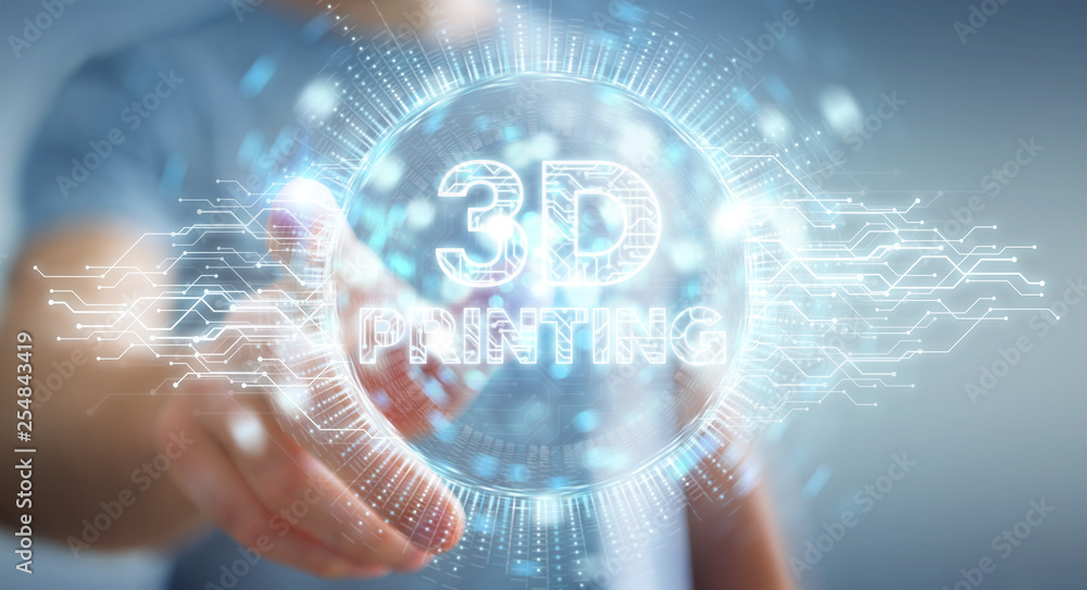 Poster businessman using 3d printing digital hologram 3d rendering