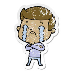 distressed sticker of a cartoon man crying