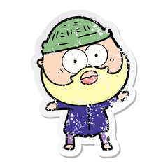 distressed sticker of a cartoon surprised bearded man