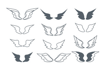 wings set. silhouette and outline vector illustration on white background