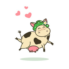 Funny cartoon character, happy cow vector illustrarion, logo template. Cute jumping kine. Good for children's design.