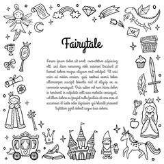 Black and white frame with cute fairy tale objects. Doodle Vector Illustration with text. Good for greeting card, banner, invitation or flyer.