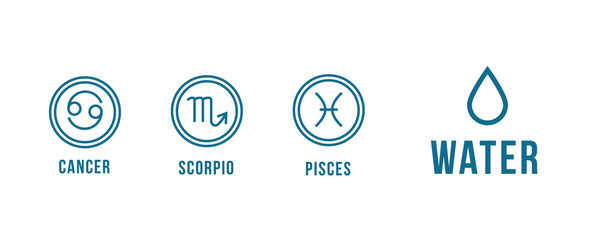 3 water zodiac signs - cancer, scorpio, pisces. Round icons. - 254845008
