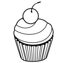 Cake, Cherry icon. Line art. White background. Social media icon. Business concept. Sign, symbol, web element. Tattoo template. Website pictogram.