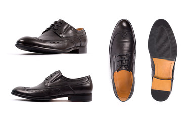 Men's black shoes, shoe isolated white background. Side view, top view and sole.
