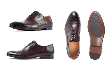 Men's brown shoes, shoe isolated white background. Side view, top view and sole.