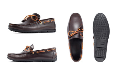 Men's brown moccasins, loafers isolated white background. Side view, top view and sole.