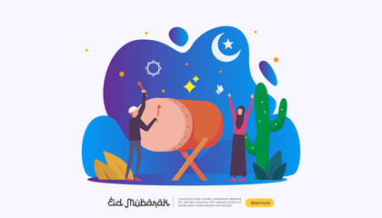 islamic design illustration concept for Happy eid mubarak or ramadan greeting with people character. template for web landing page, banner, presentation, social, poster, ad, promotion or print media