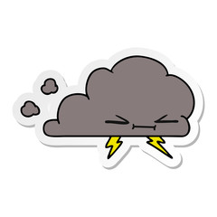 sticker cartoon of a grumpy lightening cloud