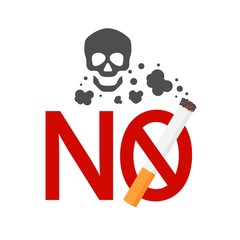 No smoking sign with cigarette, smoke and skull.Vector illustration on white background