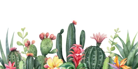 Foto op Canvas Aquarel vector banner tropische bloemen en cactussen geïsoleerd op een witte achtergrond. © ElenaMedvedeva