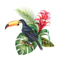 Watercolor vector composition with Toucan, exotic leaves and flowers.