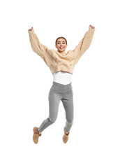 Happy jumping woman on white background