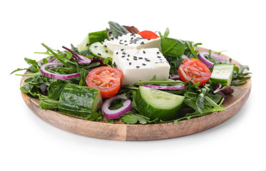 Plate with healthy salad on white background