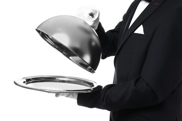 Waiter with tray and cloche on white background