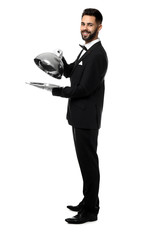 Fototapeta premium Waiter with tray and cloche on white background